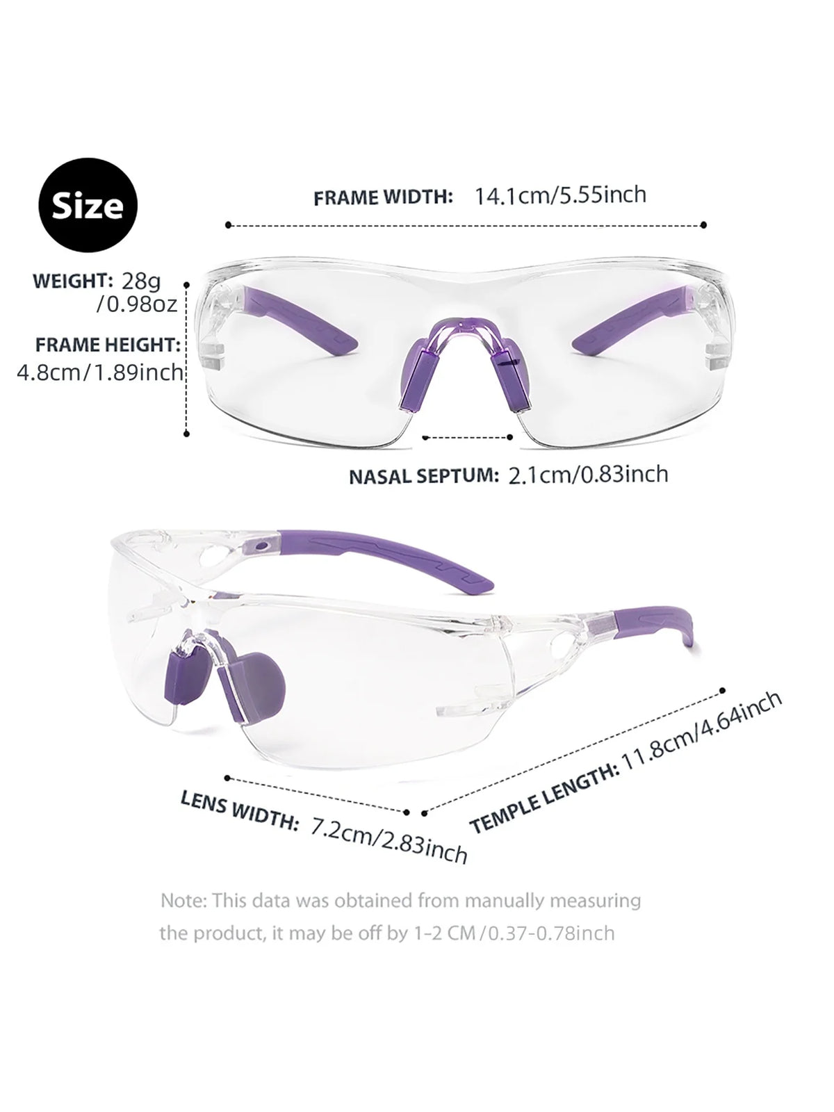 Transparent safety goggles with purple accents showing various dimensions and features.