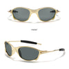Gold-toned sunglasses shown from the front and a 45 degree angle.