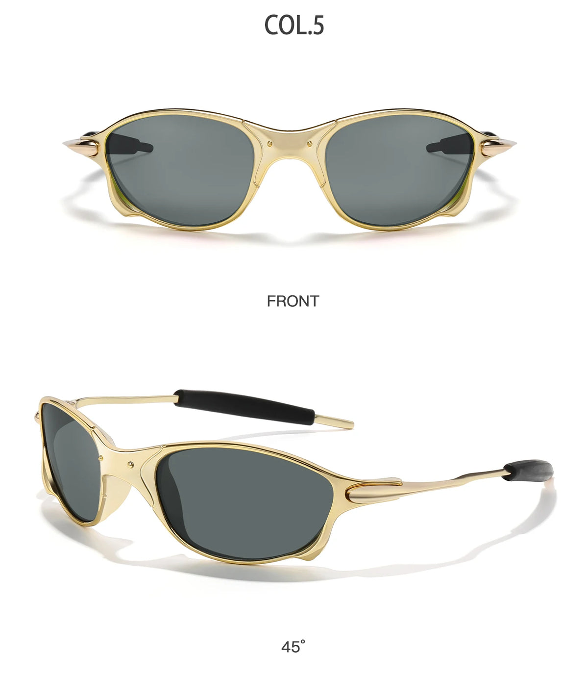 Gold-toned sunglasses shown from the front and a 45 degree angle.