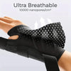 Black therapeutic thumb brace worn on a hand, showing its design and texture.