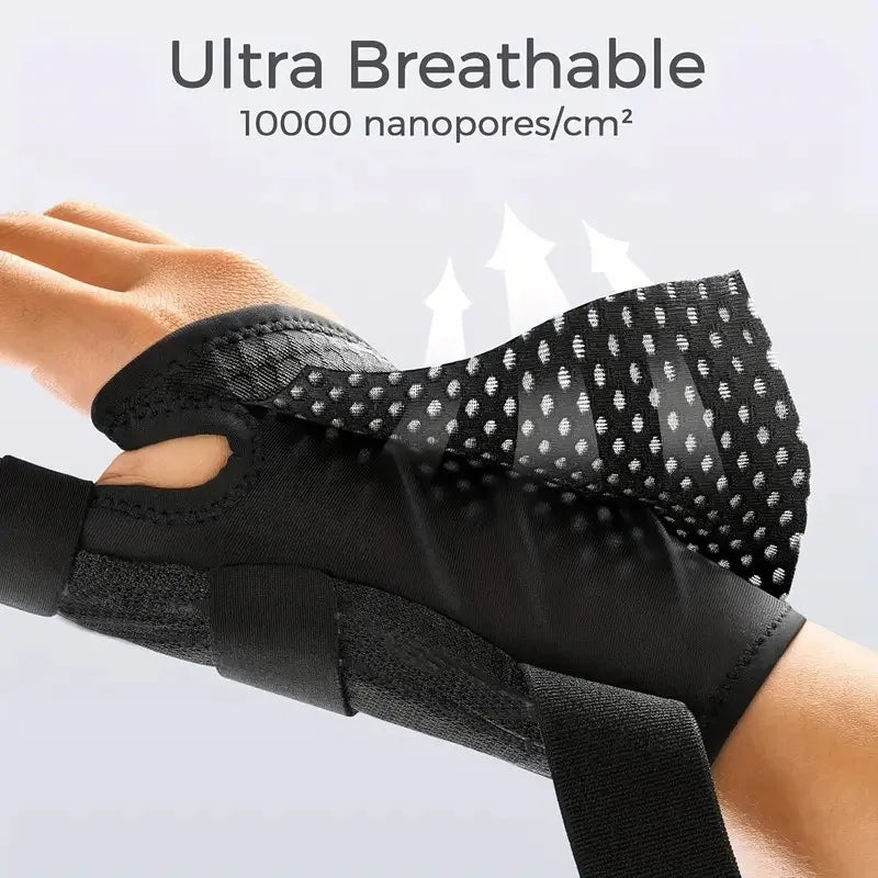 Black therapeutic thumb brace worn on a hand, showing its design and texture.
