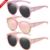 Three pairs of pink sunglasses shown in various shades and styles.