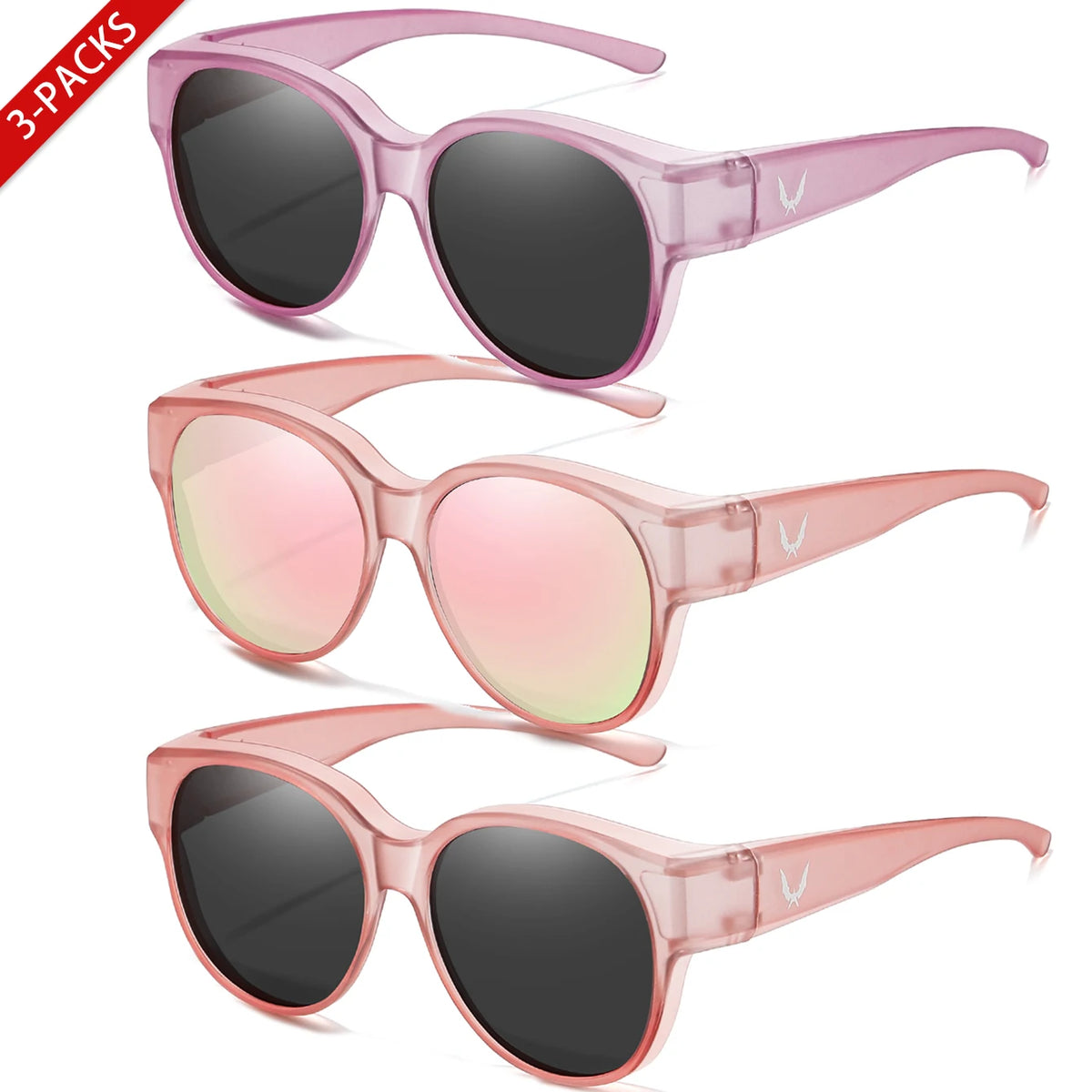 Three pairs of pink sunglasses shown in various shades and styles.