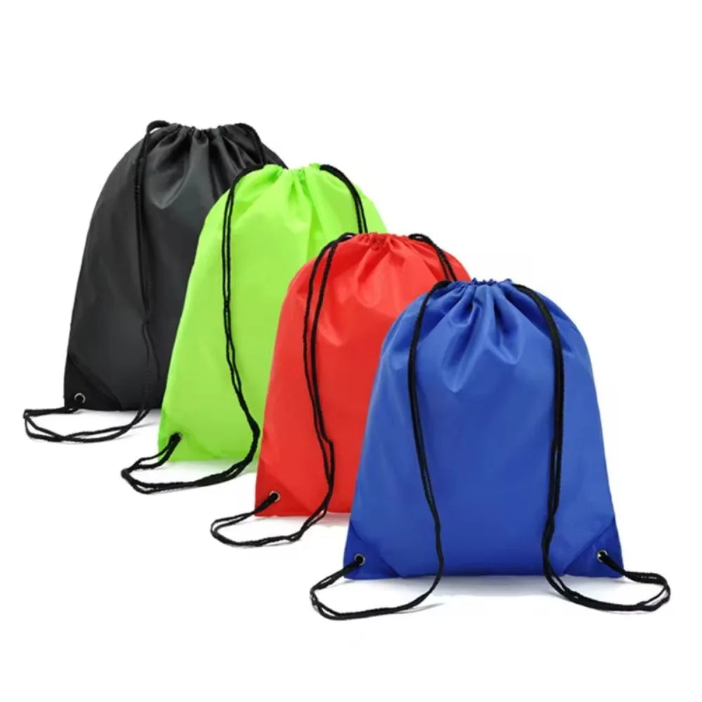 Four drawstring storage bags in black, lime green, and red are displayed on a white surface.