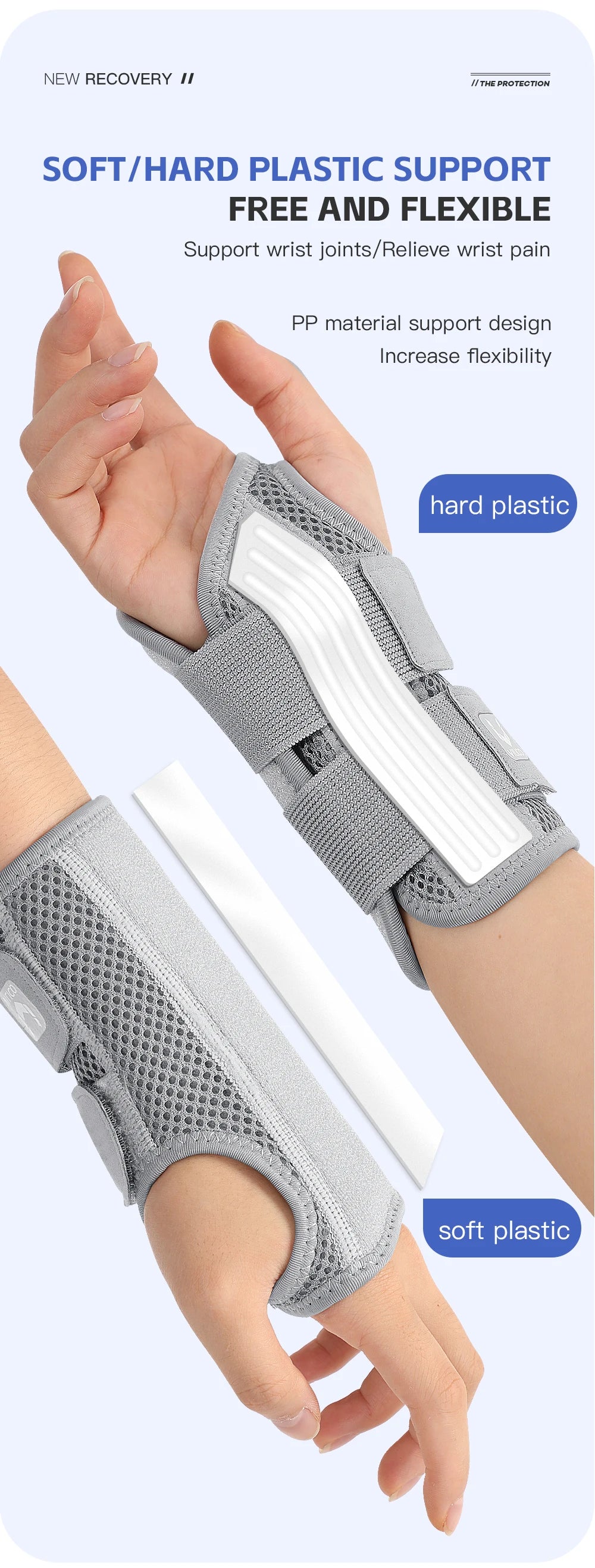A hand wearing a gray soft plastic wrist support brace designed for joint pain relief.