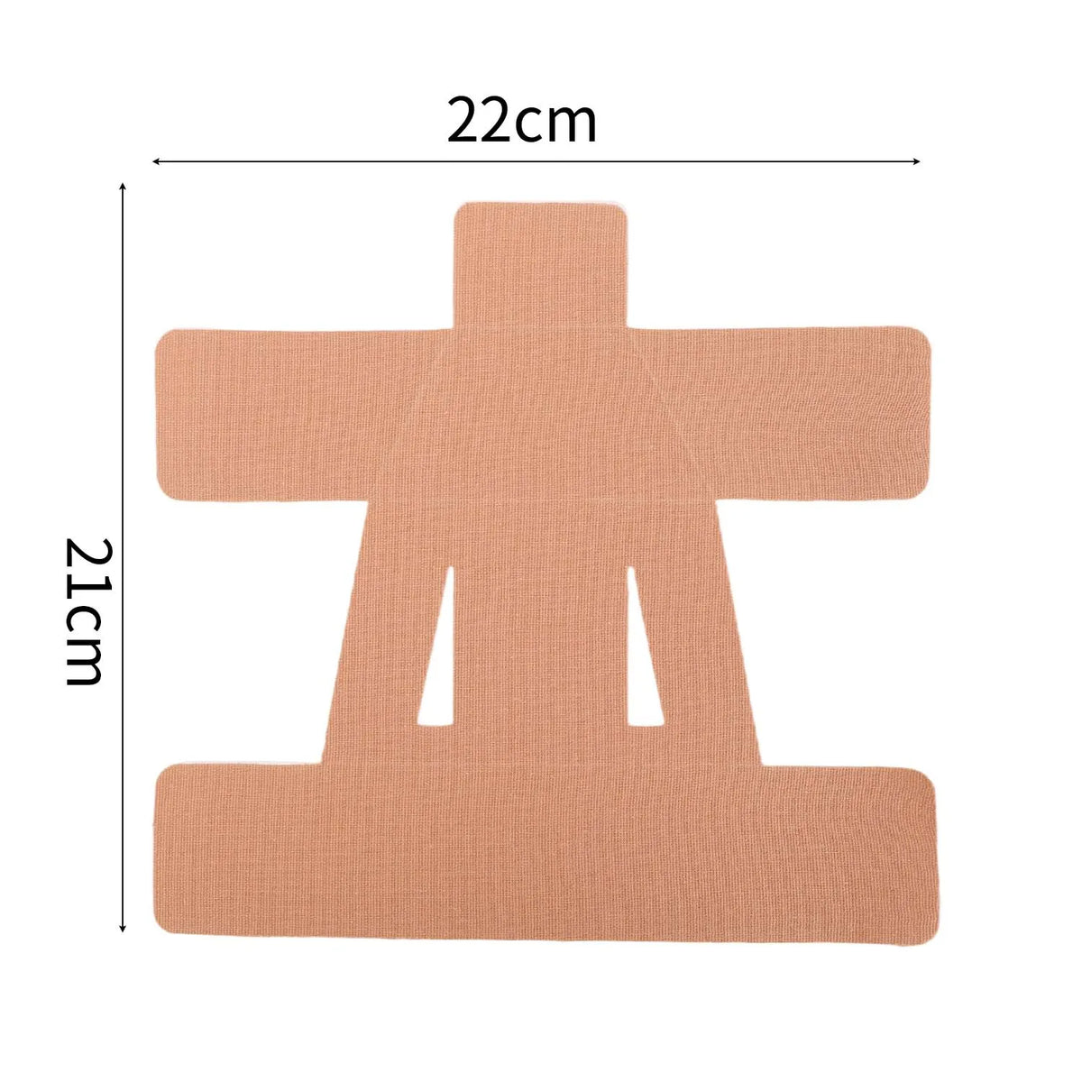 A beige elastic patch shaped like a cross for shoulder pain relief.