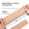 A hand demonstrates the elasticity of a tan kinesiology tape strip, showing its stretch and flexibility.