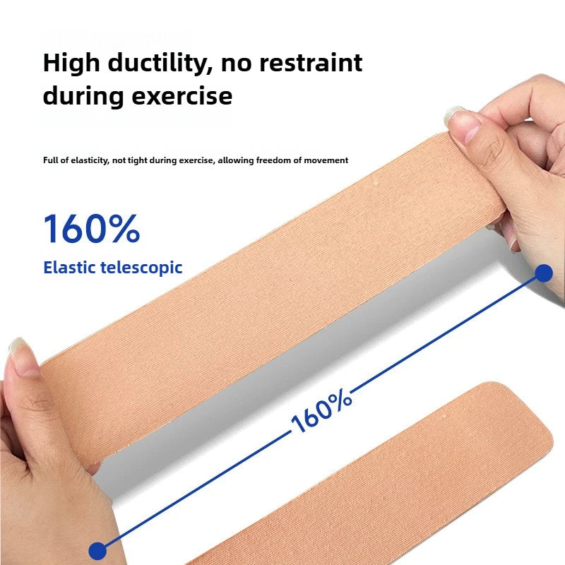 A hand demonstrates the elasticity of a tan kinesiology tape strip, showing its stretch and flexibility.