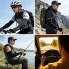A collage showing men wearing protective arm sleeves in various outdoor and driving contexts.