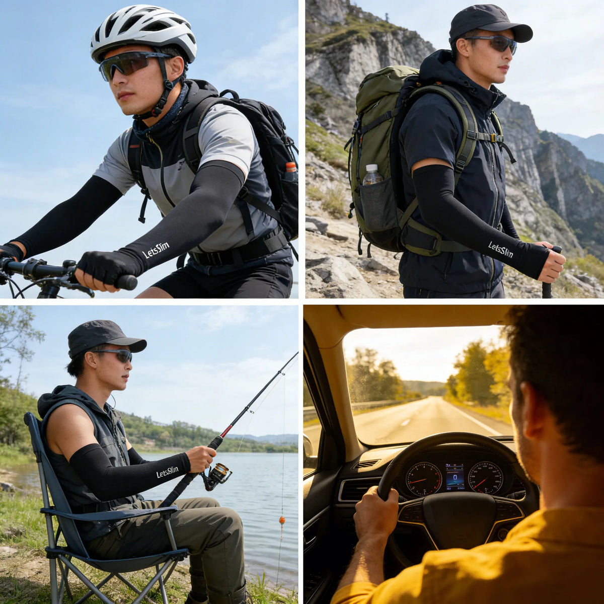 A collage showing men wearing protective arm sleeves in various outdoor and driving contexts.