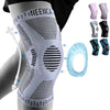 A white knee brace with black mesh and silicone pads is shown on a leg, along with various colored braces and a blue ion disc