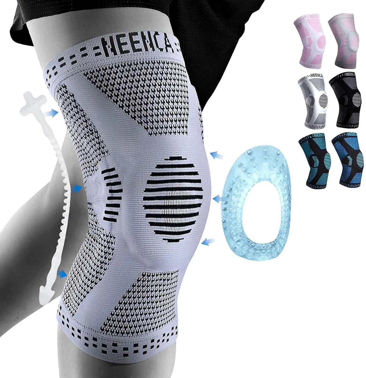 A white knee brace with black mesh and silicone pads is shown on a leg, along with various colored braces and a blue ion disc