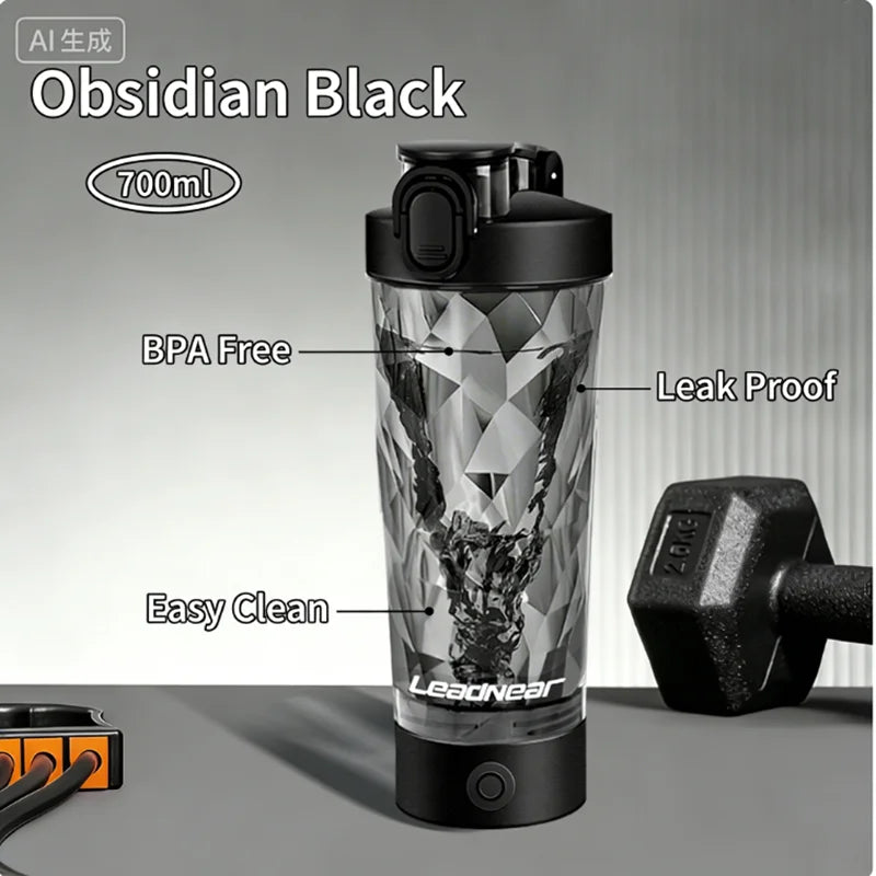 A black Leadnear shaker bottle is shown with features like BPA free, leak proof, and easy clean.