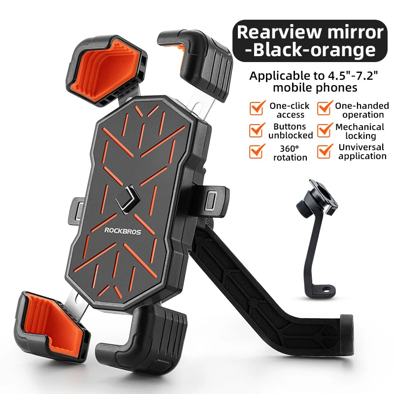Accessoire de rétroviseur noir et orange pour téléphones mobiles, conçu pour une application universelle.
