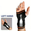 A hand wearing a black wrist palm support brace with an adjustable opening, shown next to the full product.
