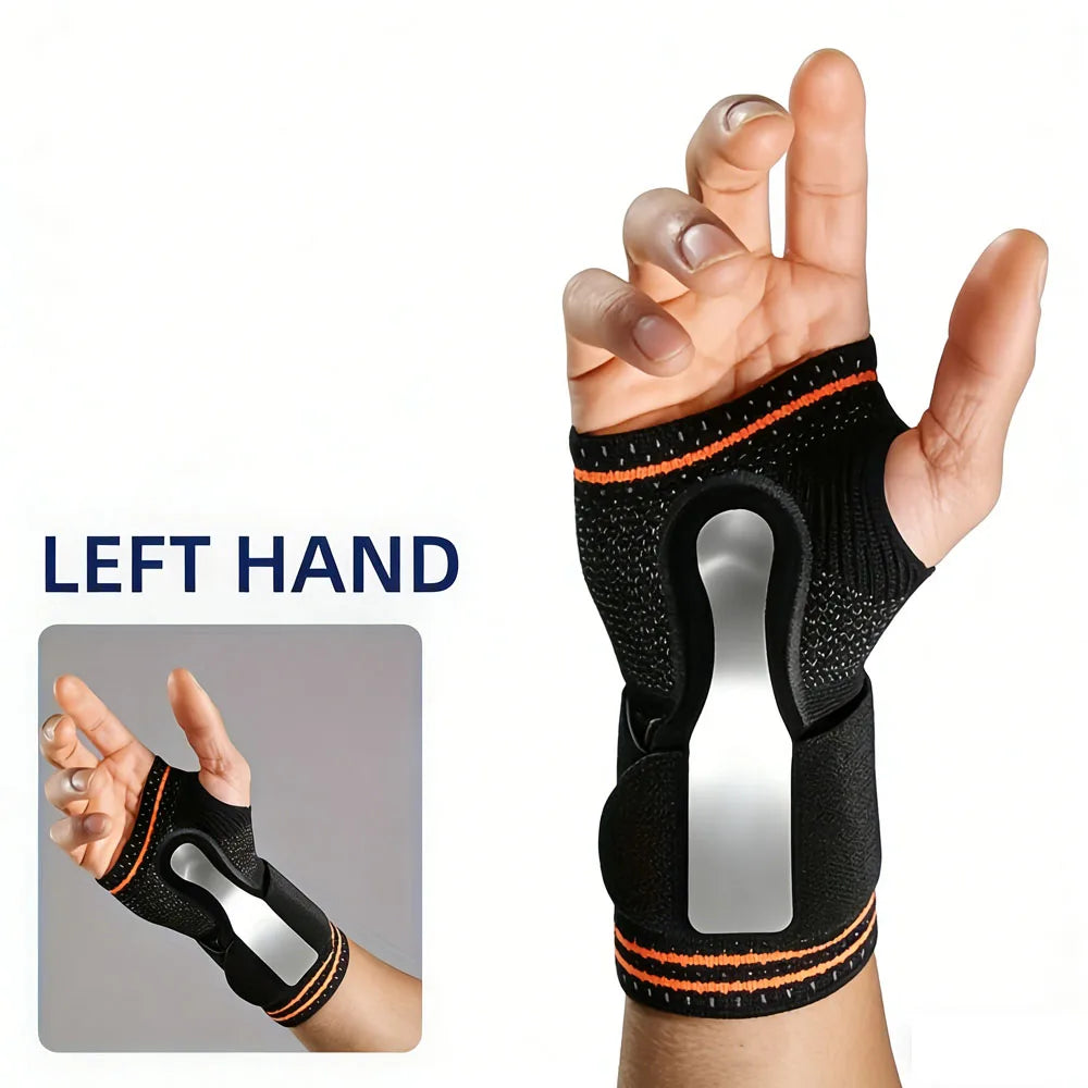 A hand wearing a black wrist palm support brace with an adjustable opening, shown next to the full product.