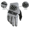 Gray cycling gloves with racing logo and number 18 on the back of the hand