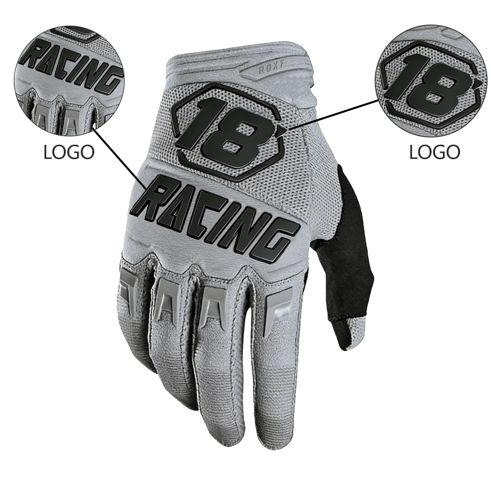 Gray cycling gloves with racing logo and number 18 on the back of the hand