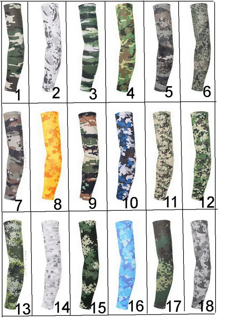 Eighteen tactical camouflage arm sleeves displayed in various colors and patterns.