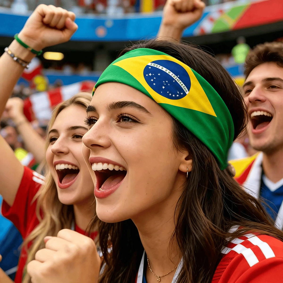Une jeune femme portant un bandeau du drapeau brésilien vert et jaune, encourageant lors d'un événement sportif.