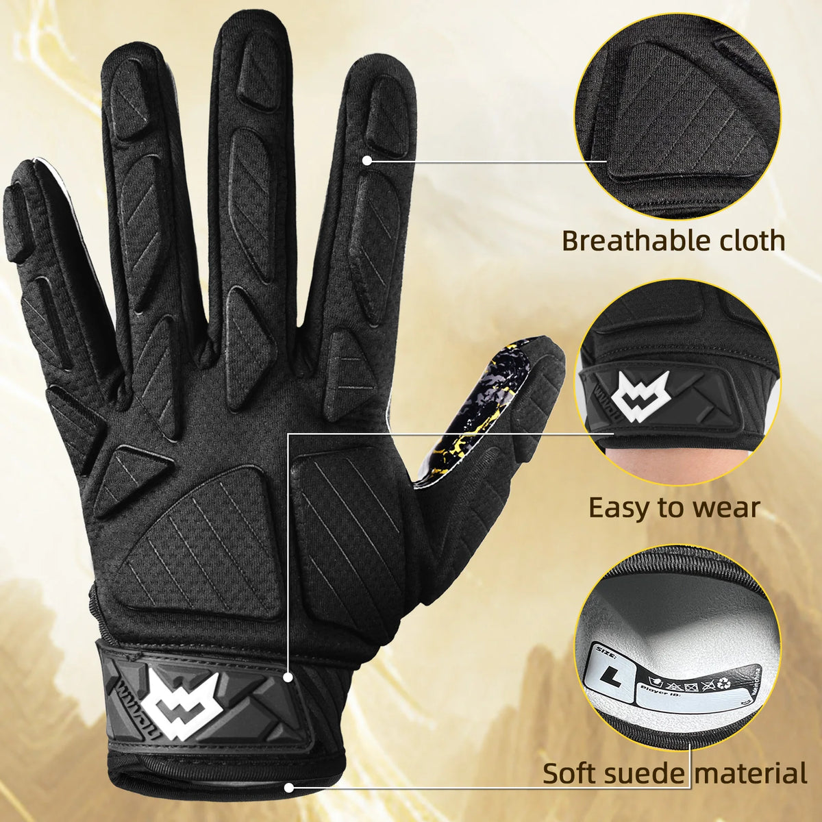 Schwarze gepolsterte Football-Linemen-Handschuhe mit Details an atmungsaktivem Stoff, einfachem Tragekomfort und weichem Wild