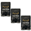 Three black pouches of nasal strips with gold lettering and icons for breathable gentle hypoallergenic and effective results
