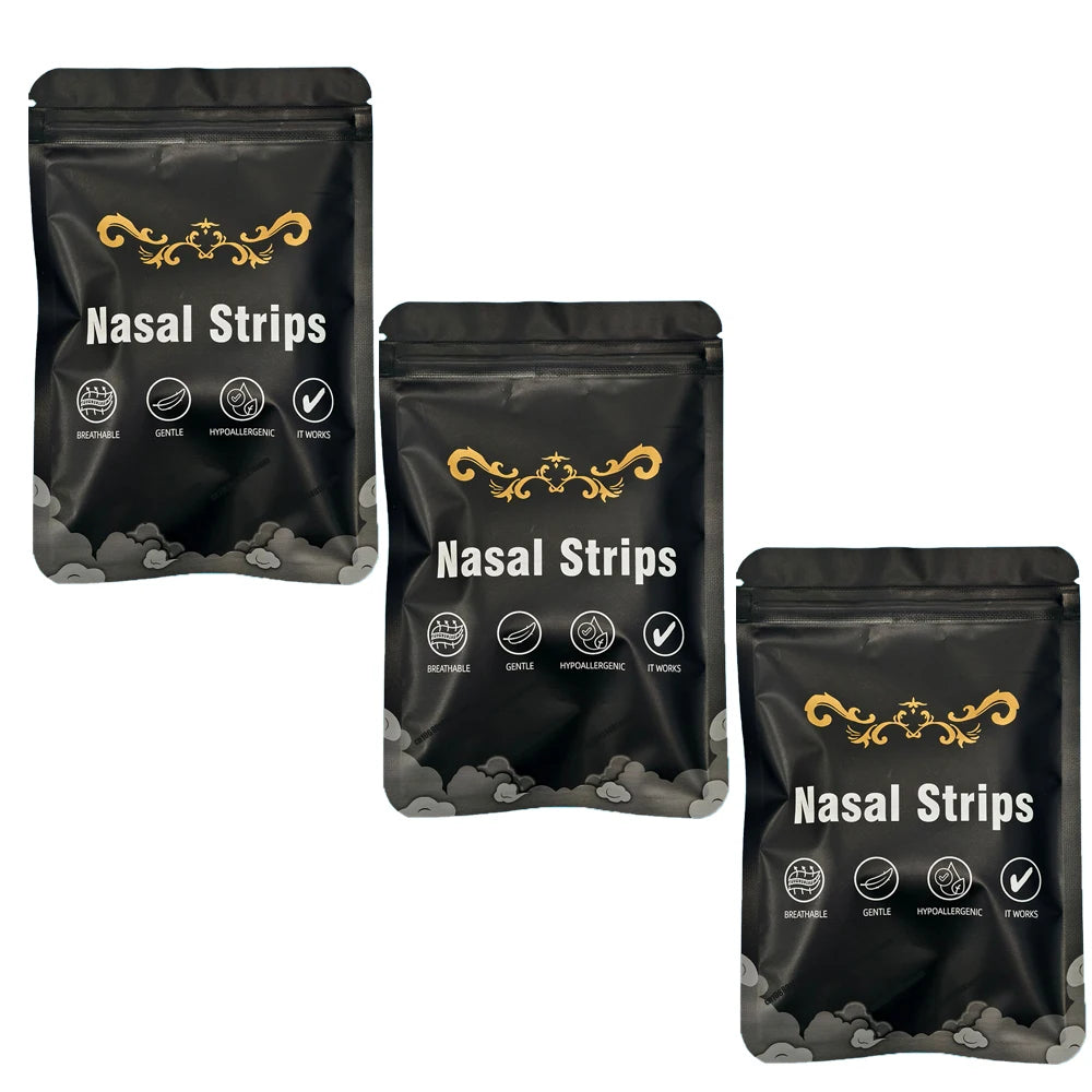 Three black pouches of nasal strips with gold lettering and icons for breathable gentle hypoallergenic and effective results