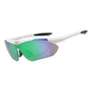 White polarized sunglasses with green-tinted lenses and a flexible strap.