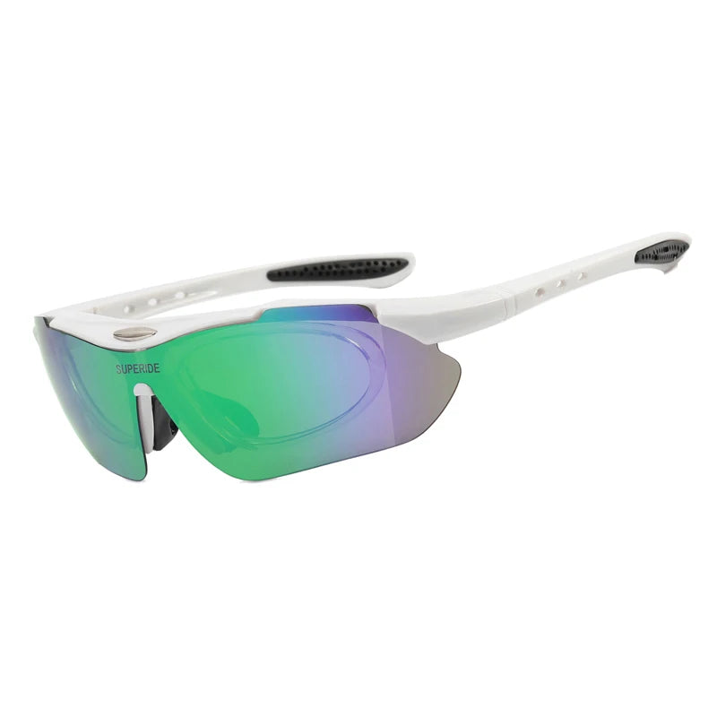 White polarized sunglasses with green-tinted lenses and a flexible strap.