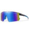 A pair of blue polarized cycling sunglasses with a black frame and purple dragon design.