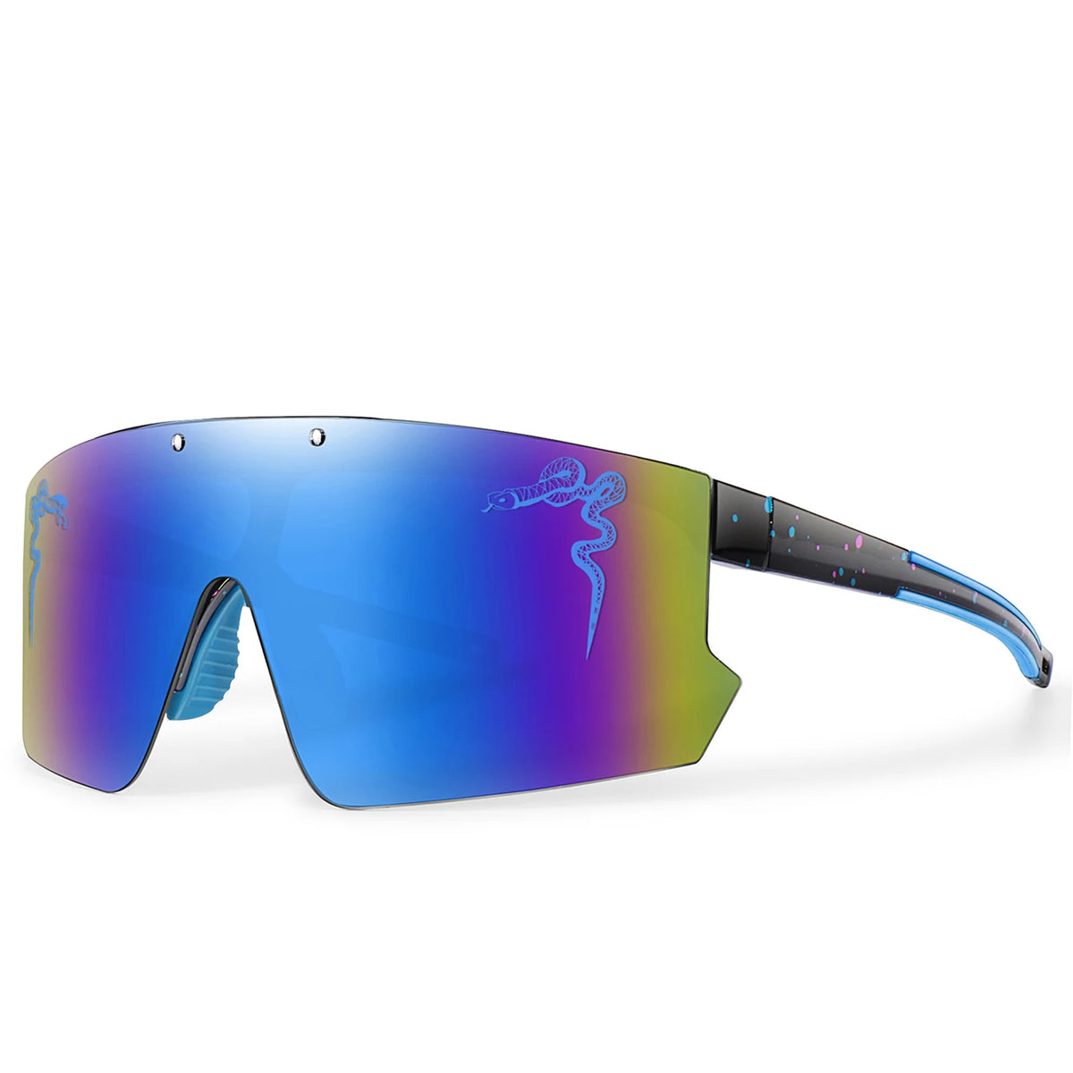 A pair of blue polarized cycling sunglasses with a black frame and purple dragon design.
