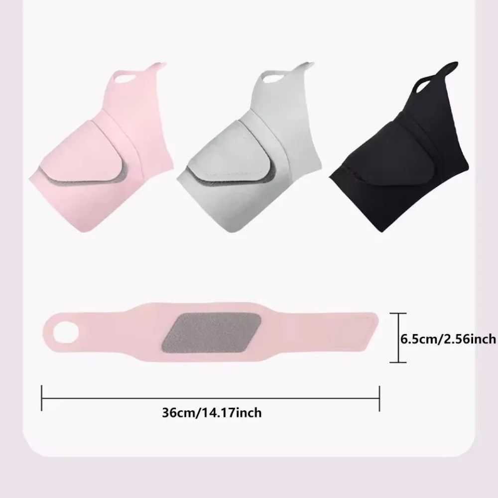 Three breathable wrist guards in pink, white, and black shown with a measurement guide.