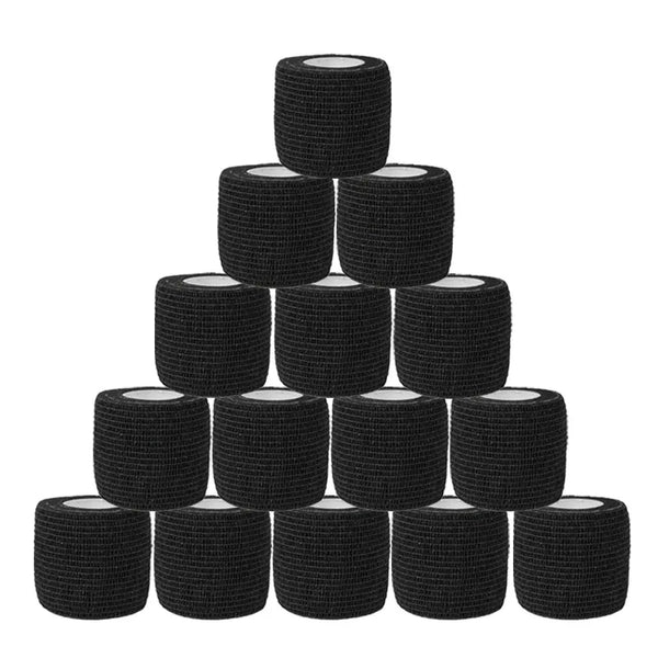 A stack of black cohesive elasticity adhesive bandages for sports and first aid.