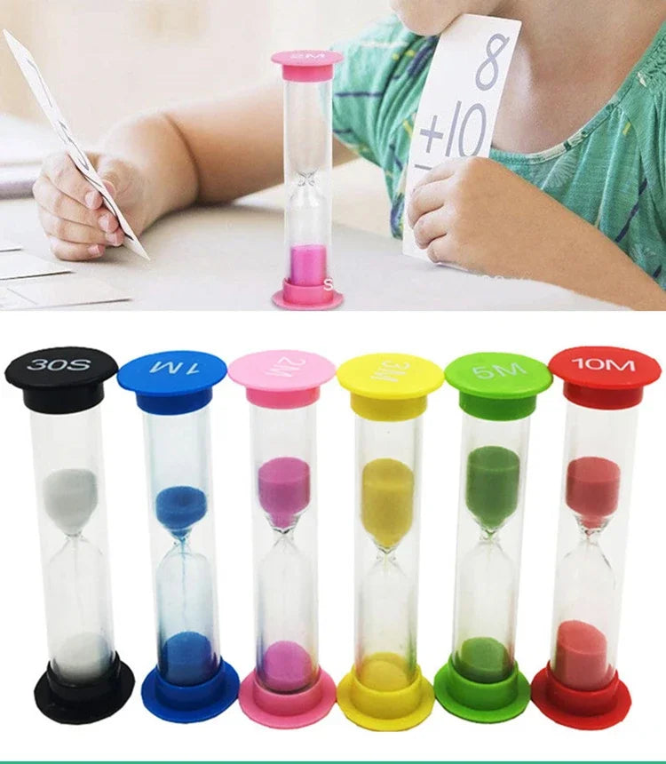 A set of six colorful hourglass sand timers in various colors and sizes displayed on a white surface.