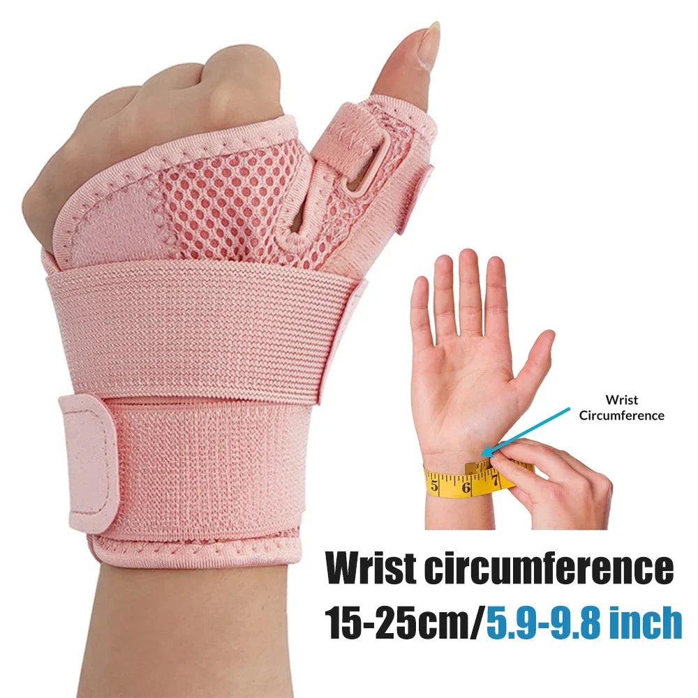 Pink flexible wrist brace for joint support showing the wrist circumference measurement.