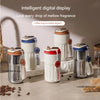 A collection of stainless steel thermo mugs with intelligent digital displays in various colors and finishes.