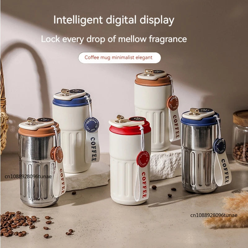 A collection of stainless steel thermo mugs with intelligent digital displays in various colors and finishes.