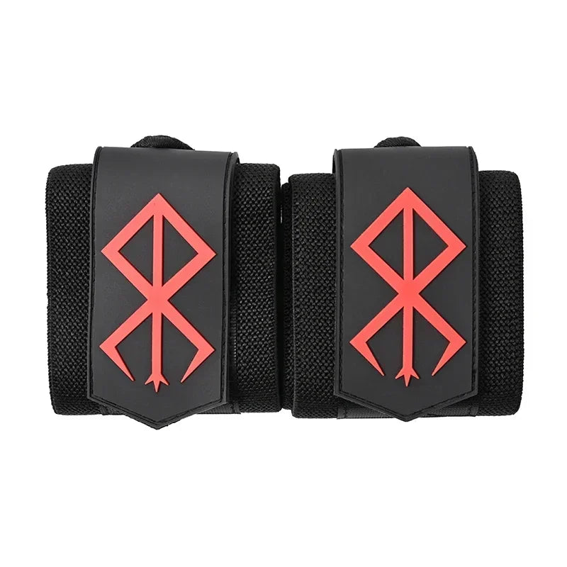 Black heavy-duty weightlifting wrist straps with a red crossed design