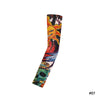 A colorful reusable stretch tattoo arm sleeve featuring a stylized face design.