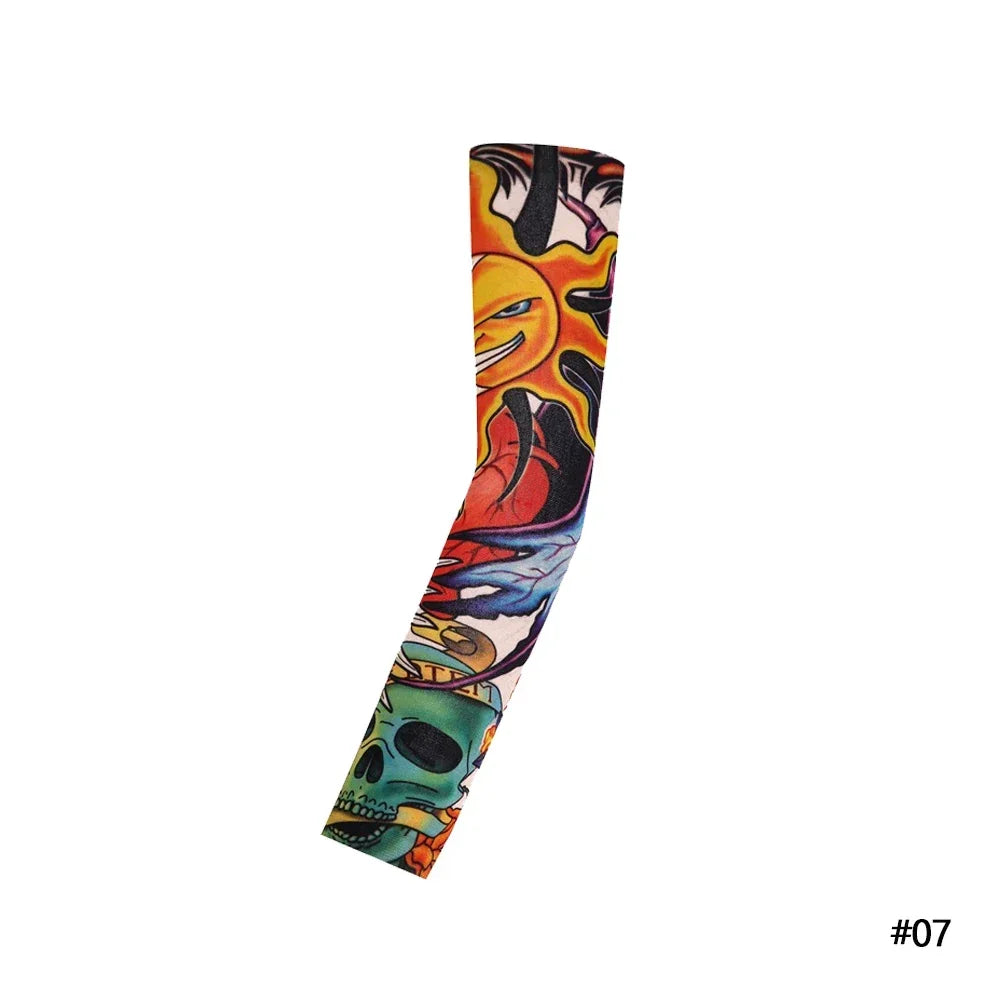 A colorful reusable stretch tattoo arm sleeve featuring a stylized face design.