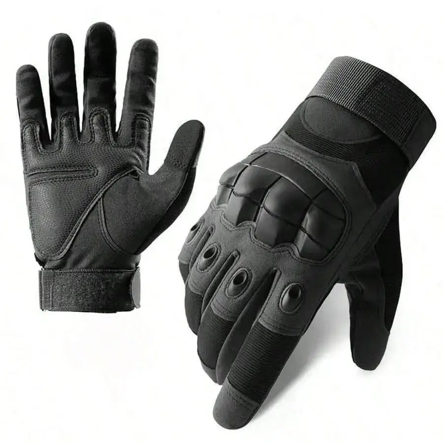 A pair of black breathable motorbike riding gloves shown against a white background.