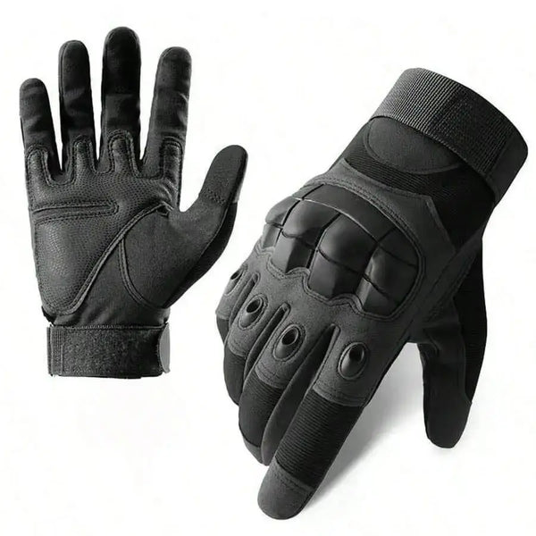 A pair of black breathable motorbike riding gloves shown against a white background.