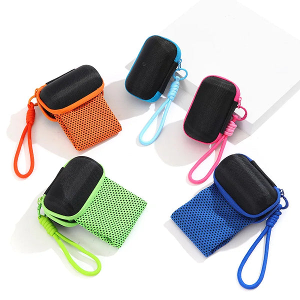 Collection de serviettes de refroidissement instantanées colorées pour le sport et la fitness, en noir, orange, rose et bleu.
