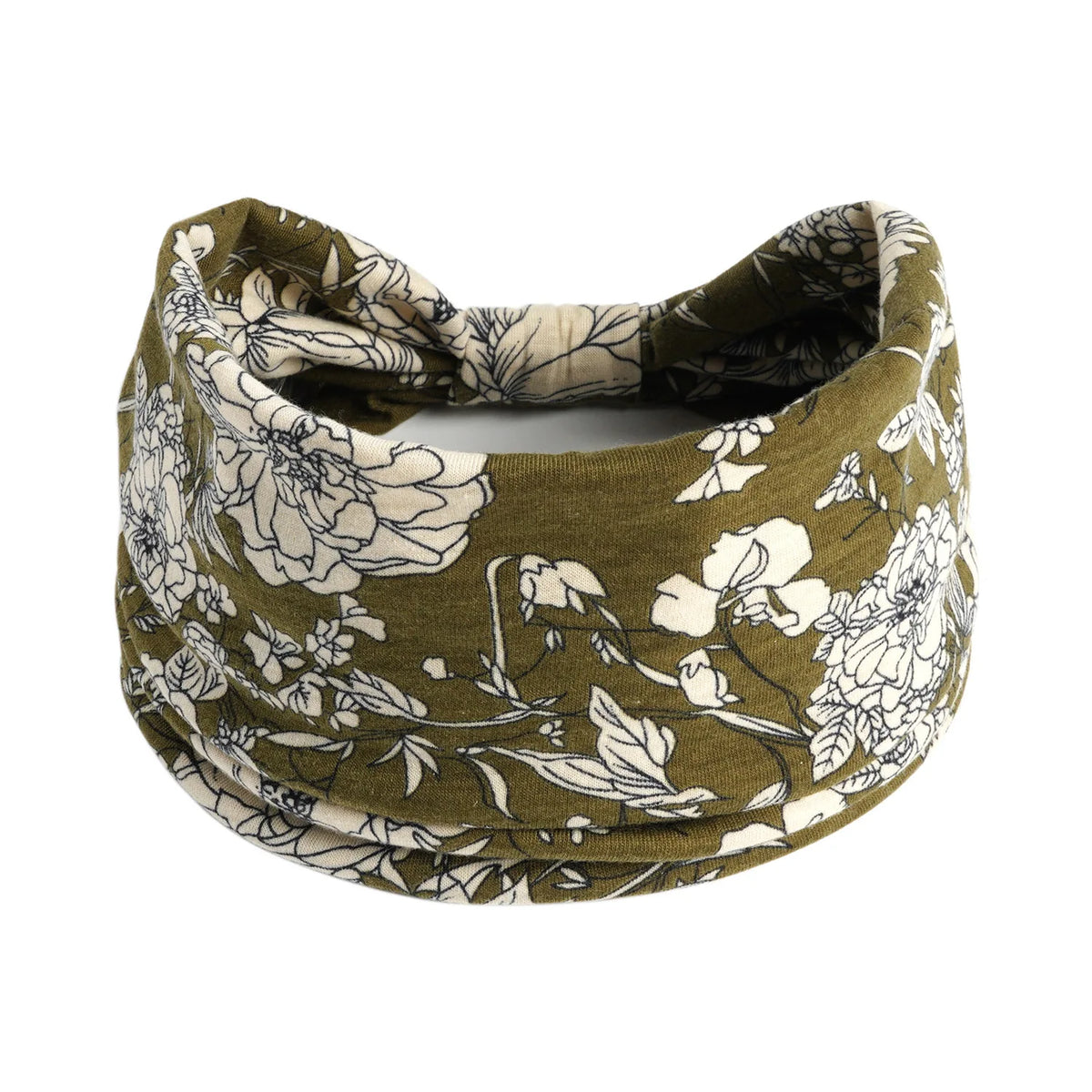 A rolled bohemian cotton stretch headband in olive green with a white floral pattern.