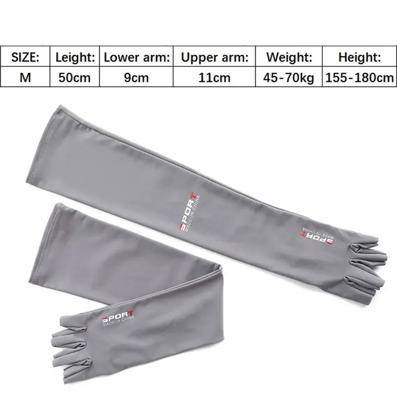 Gray sport arm sleeves shown flat and folded, with size specifications listed.