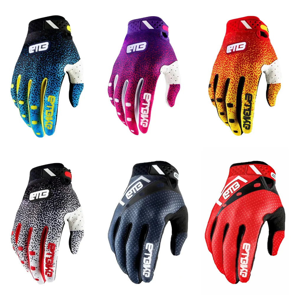 A collection of eight durable riding gloves in various colors including blue, purple, red, and black.