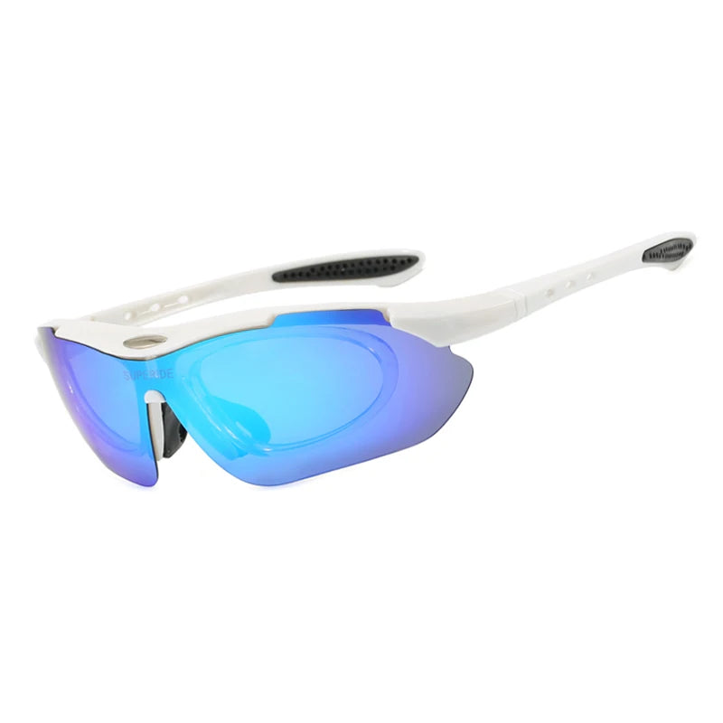A pair of white and blue polarized UV protection sunglasses with a flexible arm.