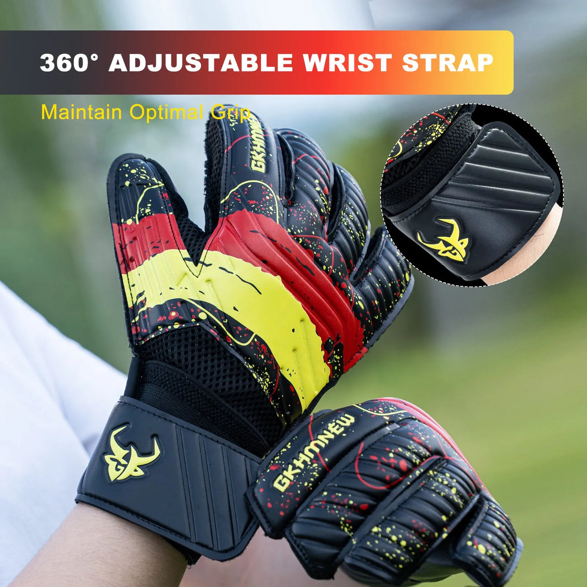 Guantes de portero negros y amarillos con correa ajustable de 360°.
