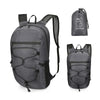 A gray waterproof outdoor hiking backpack shown from the back and front views.