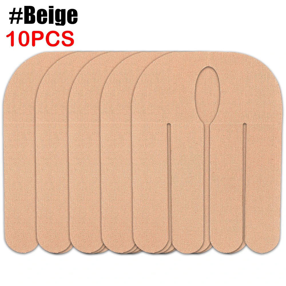 A set of ten beige kinesiology tapes for sports recovery.